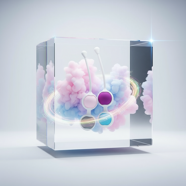 Two pastel Kegel balls with long stems displayed in a clear glass cube