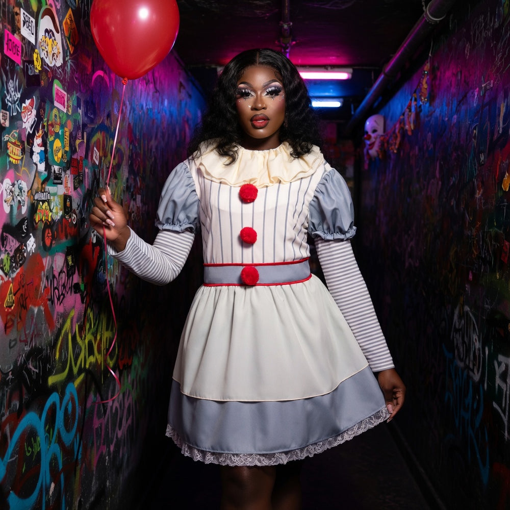 Pennywise Scary Clown Costume: person, dramatic makeup, dark wavy hair, red balloon in neon-lit graffiti hallway