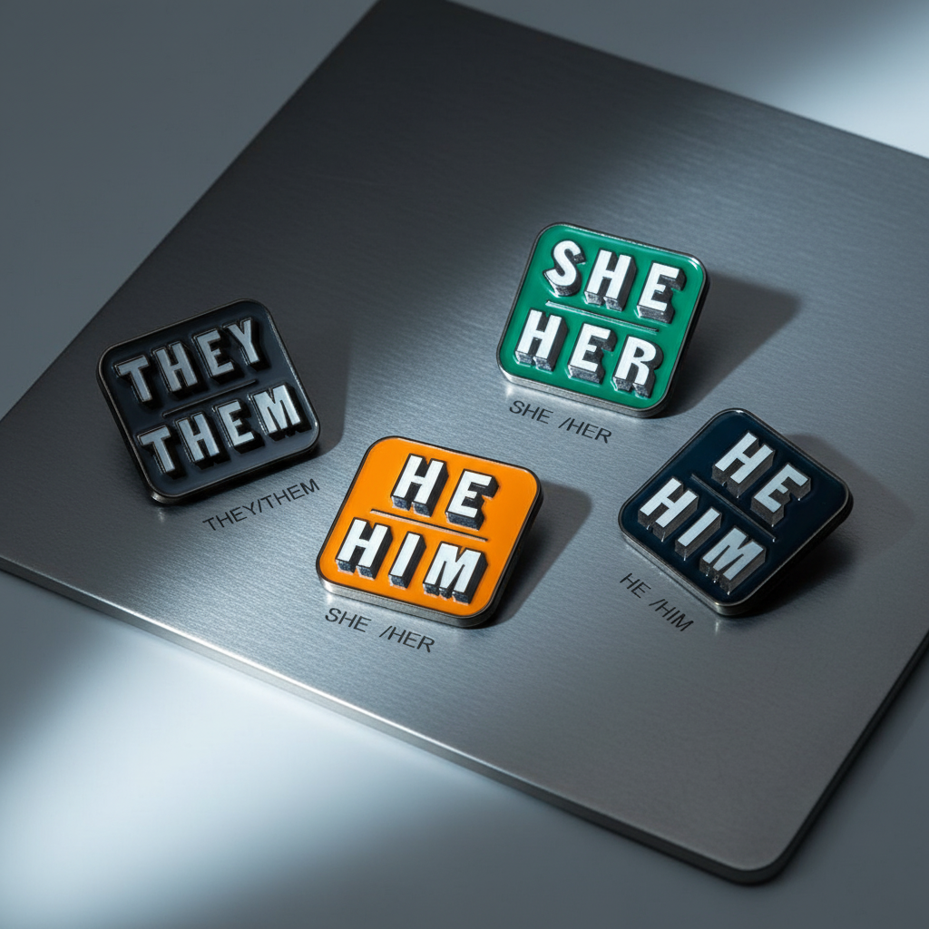 Personal Gender Pronouns Enamel Pins (Set Of 3) on a brushed-metal surface, featuring THEY/THEM, they/them, and they/them