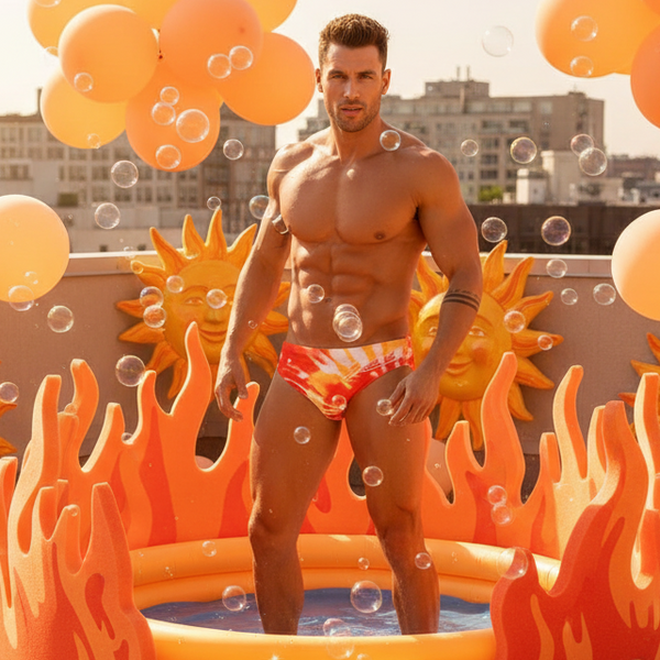 Front-facing shirtless person wearing red-orange flame-print swim briefs in a rooftop pool scene