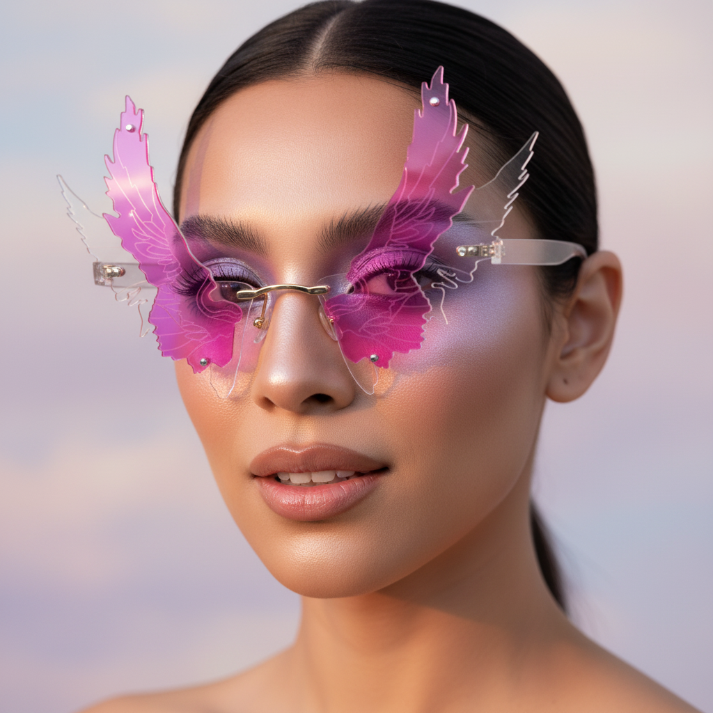 Close-up front view of a person wearing translucent pink butterfly-wing sunglasses with gold details