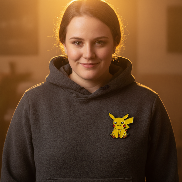 Sitting Pikachu enamel pin displayed on the chest of a dark gray hoodie