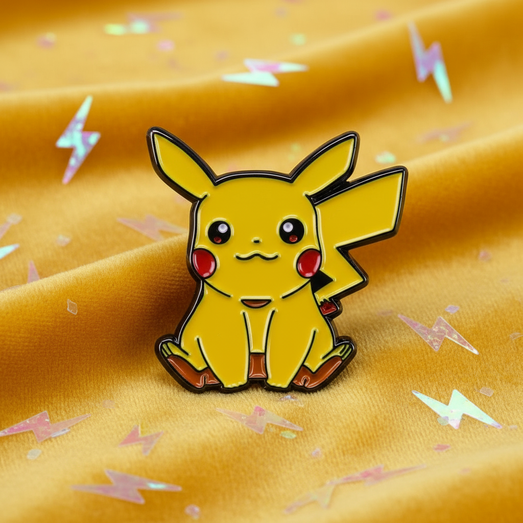 Pikachu sitting enamel pin on gold fabric scattered with pastel lightning bolts