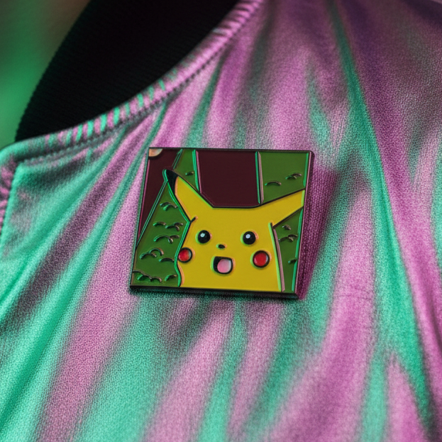 Pikachu Meme Enamel Pin on shiny pink-green fabric, capturing whimsical queer pride and self-expression.