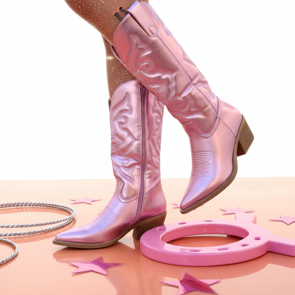Knee-high shiny pink cowgirl boots with chunky heels and detailed stitching, shown with pink handcuffs, sparkly rope
