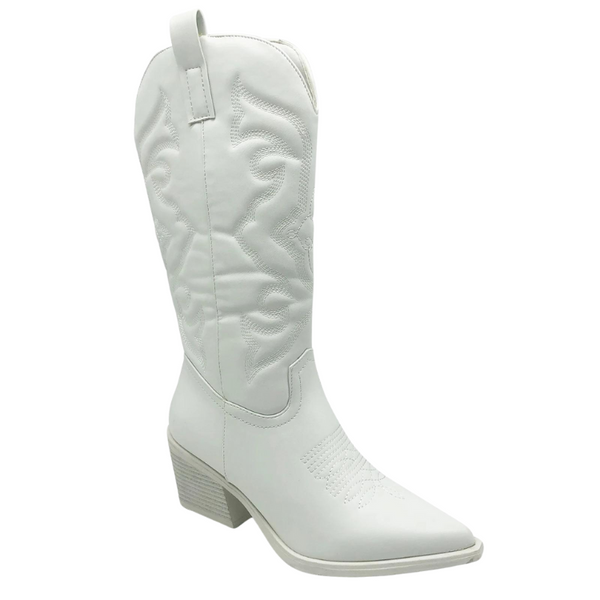 Single white mid-calf cowboy boot shown at a three-quarter angle with stitched patterns and a block heel