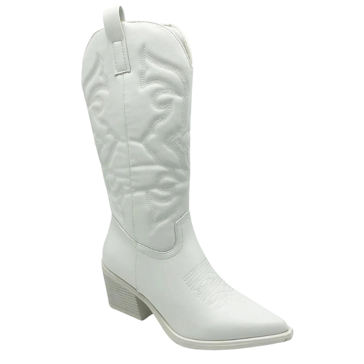Single white mid-calf cowboy boot shown at a three-quarter angle with stitched patterns and a block heel