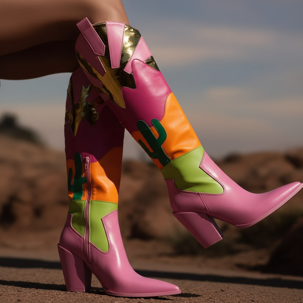 Pink Desert Cowboy Boots with chunky heels, decorated with green cacti, orange and lime accents, and shiny gold shapes.