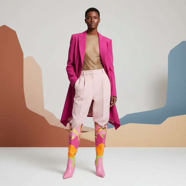 Model wearing tall pink cowboy boots with colorful geometric panels