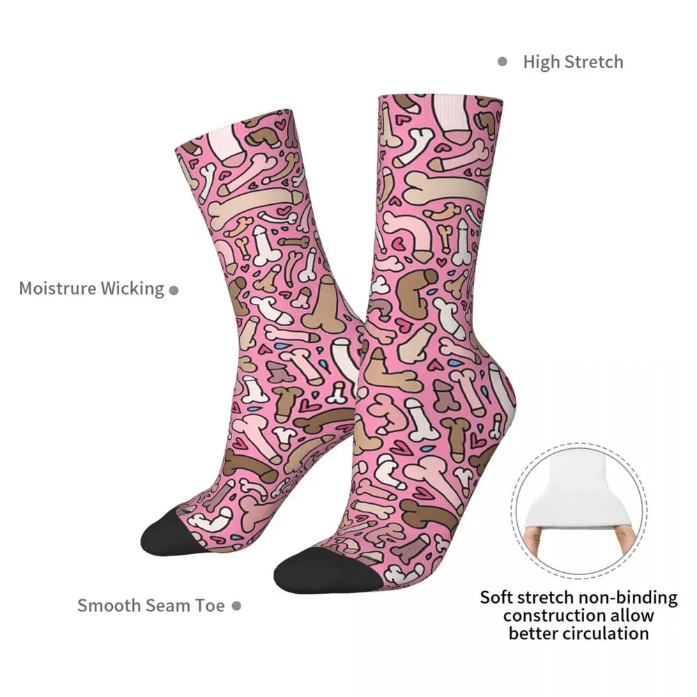 Pair of pink crew socks covered in multicolored penis and bone motifs, with black toes
