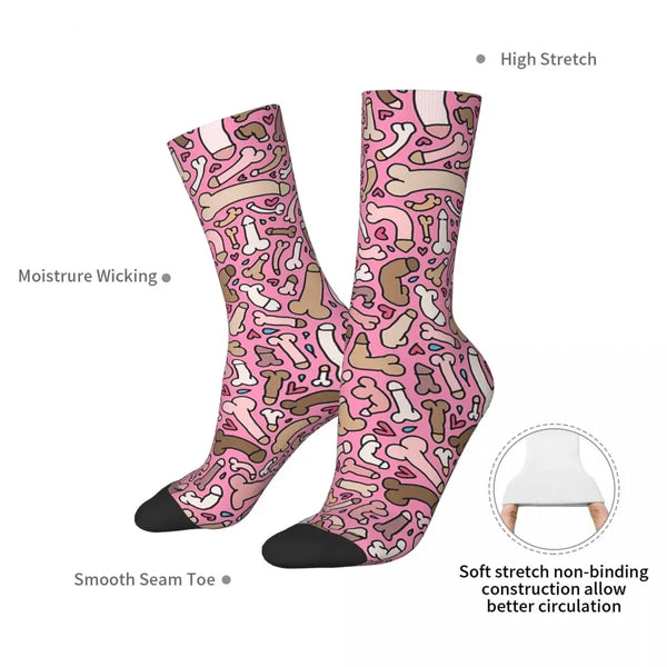 Pair of pink crew socks covered in multicolored penis and bone motifs, with black toes