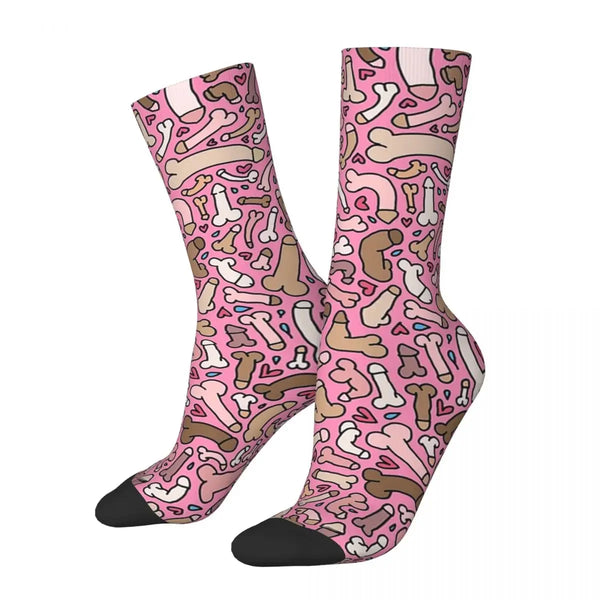 Pair of pink socks with black toes and an all-over penis-and-heart pattern