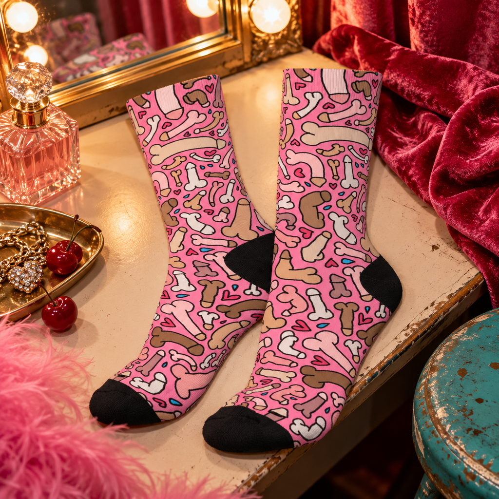 Pink Dick Around & Find Out Socks in Black Heel.