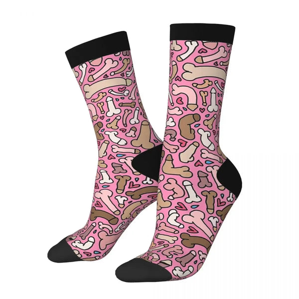Pair of pink socks covered in colorful penis, bone, and heart illustrations with black cuffs and toes