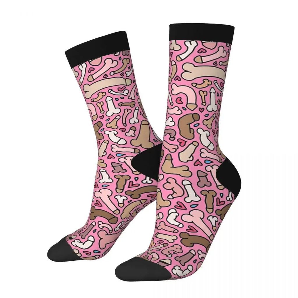 Pair of pink socks covered in colorful penis, bone, and heart illustrations with black cuffs and toes