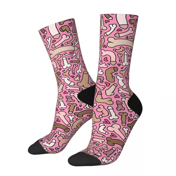 Pair of pink crew socks covered in colorful penis and bone illustrations, with black toes and heels