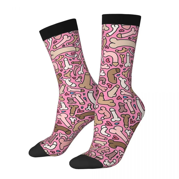 Pair of pink socks with black cuffs and toes, covered in illustrated penises and hearts