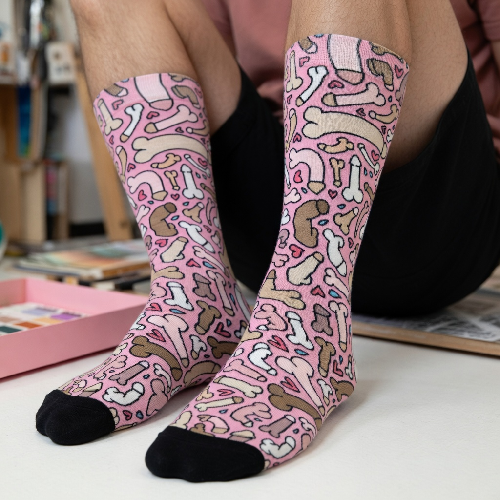 Pink Dick Around & Find Out Socks worn by an adult model, with the original sock design and full pair visible in a natural lifestyle setting.