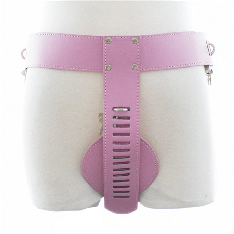 Front view of a pink leather chastity belt on a white mannequin, with straps and metal hardware