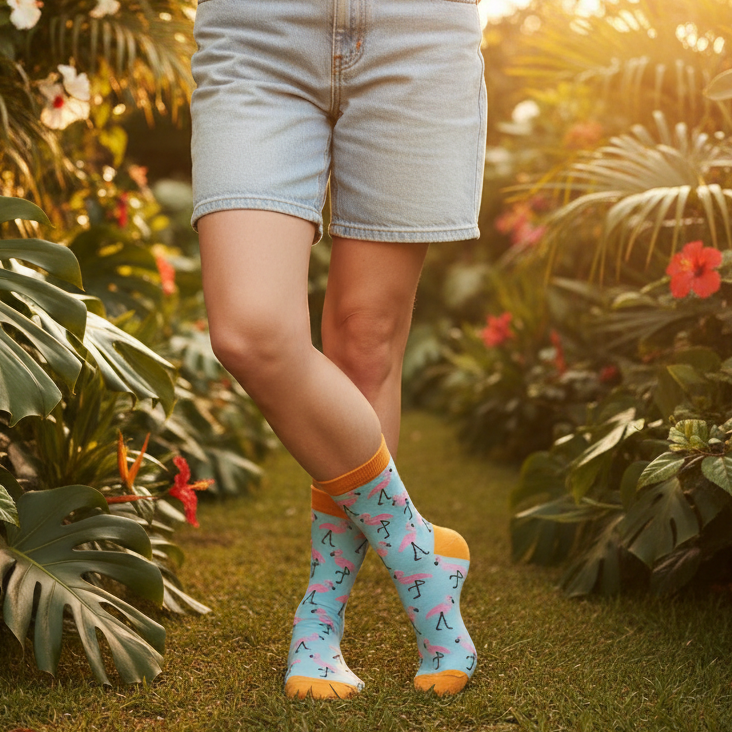 Turquoise flamingo-print socks with orange cuffs and toes, worn in a tropical garden