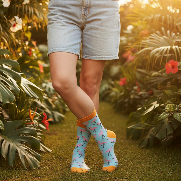 Turquoise flamingo-print socks with orange cuffs and toes, worn in a tropical garden