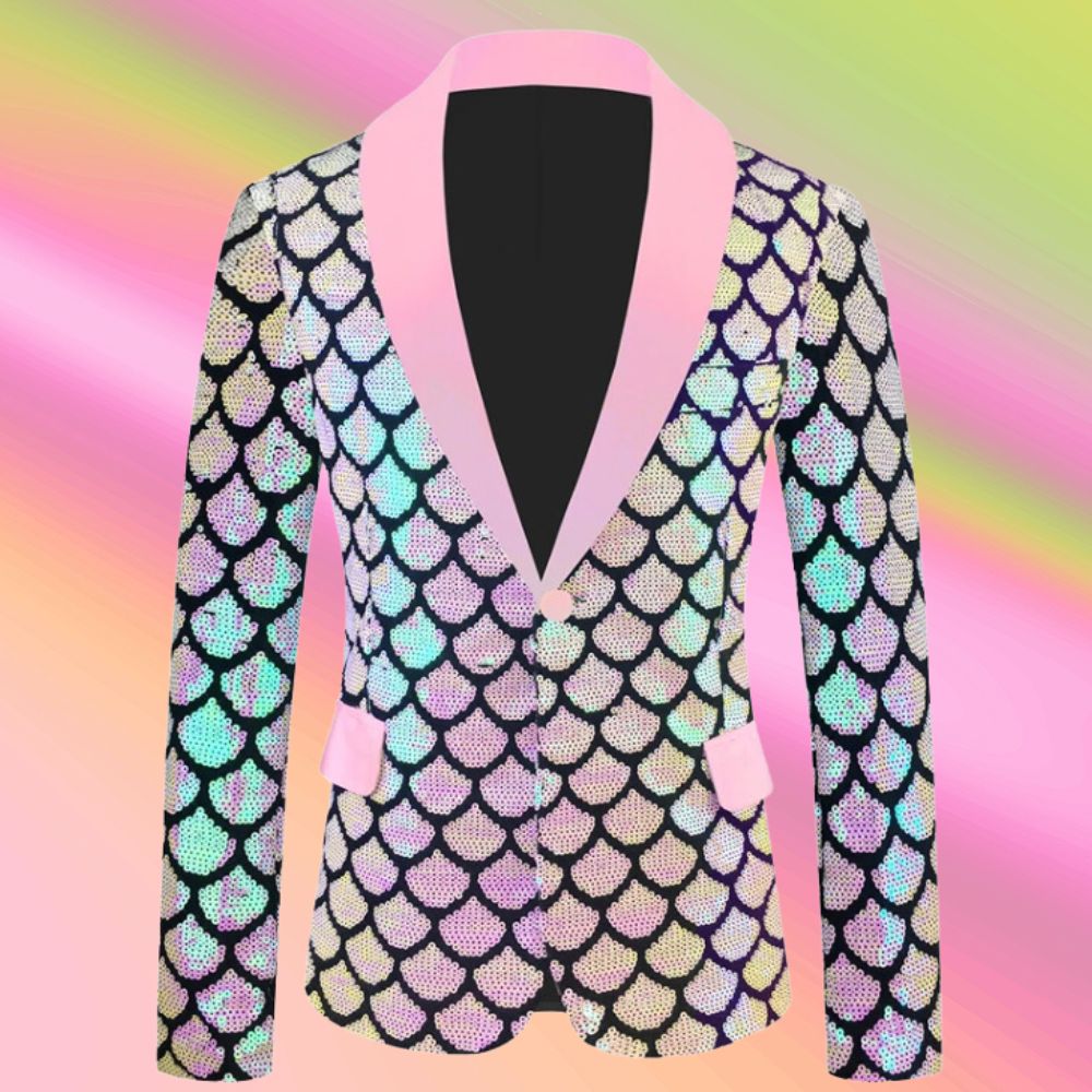 Front-view blazer with iridescent fish-scale sequins, pink shawl collar and cuffs