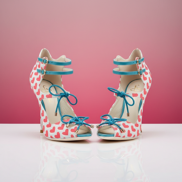 Pair of white heart-print peep-toe pumps with teal ankle straps and bows