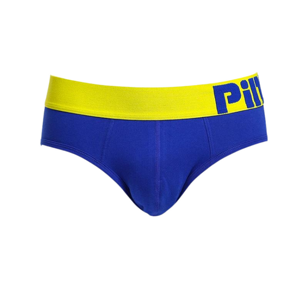 Blue brief with a bright yellow waistband and partial blue lettering