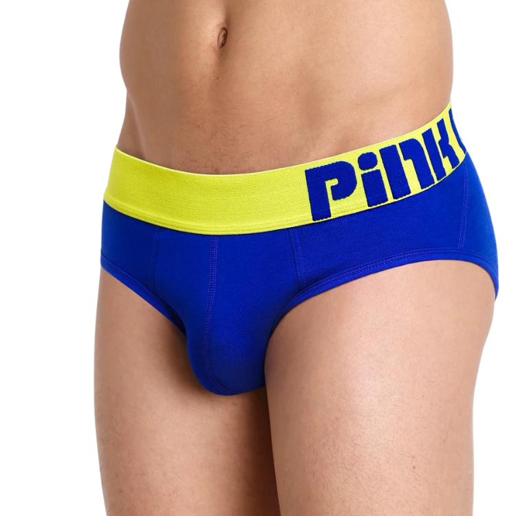 Close-up of blue briefs with a bright yellow waistband and bold blue lettering