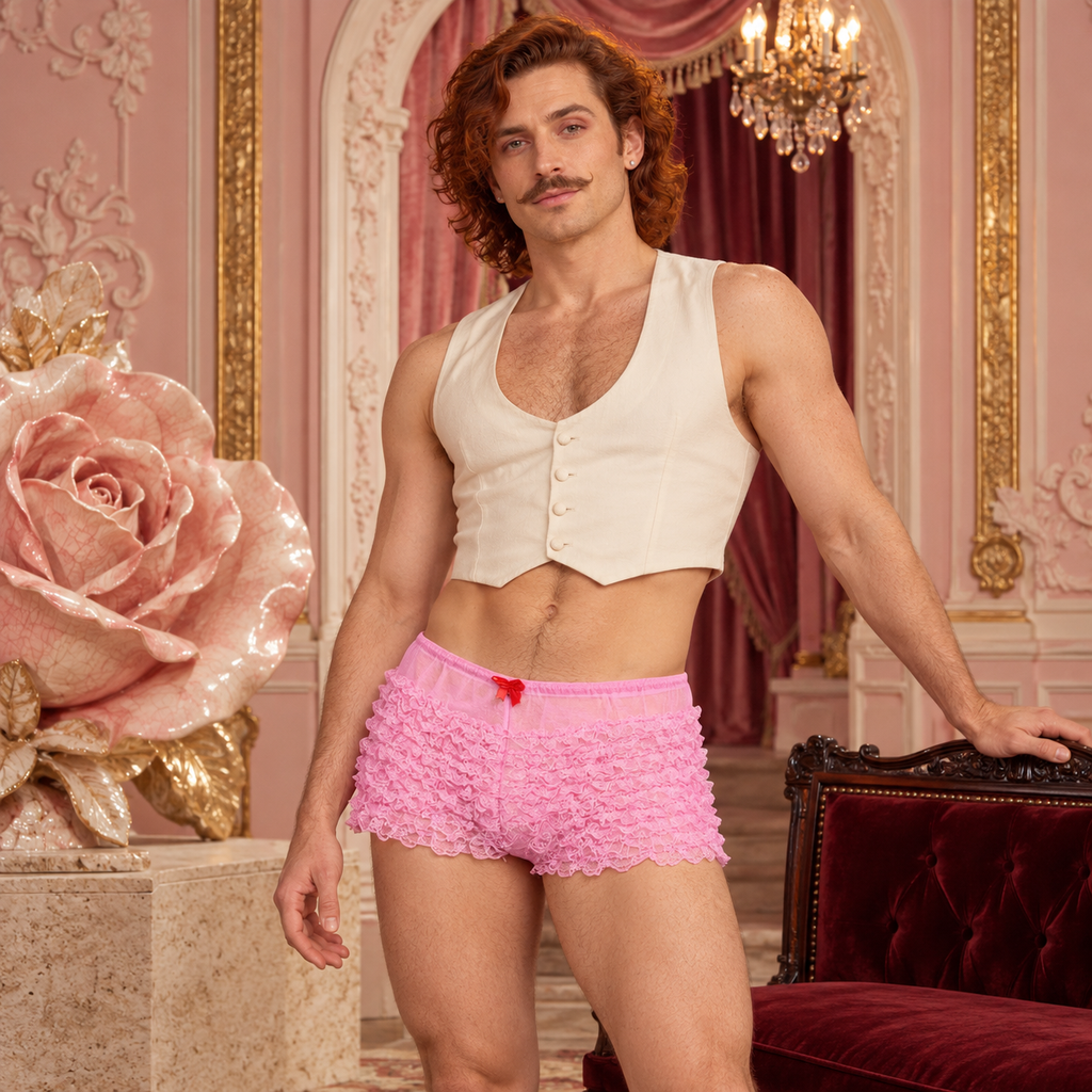 Adult model wearing light-pink layered lace bloomers with a red bow in a rococo pink salon