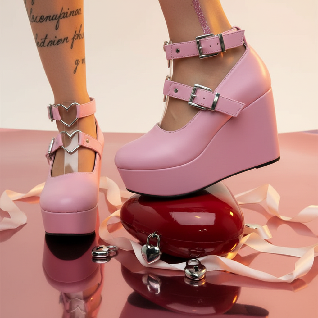 Pink platform pumps with heart buckles worn over a glossy red heart prop