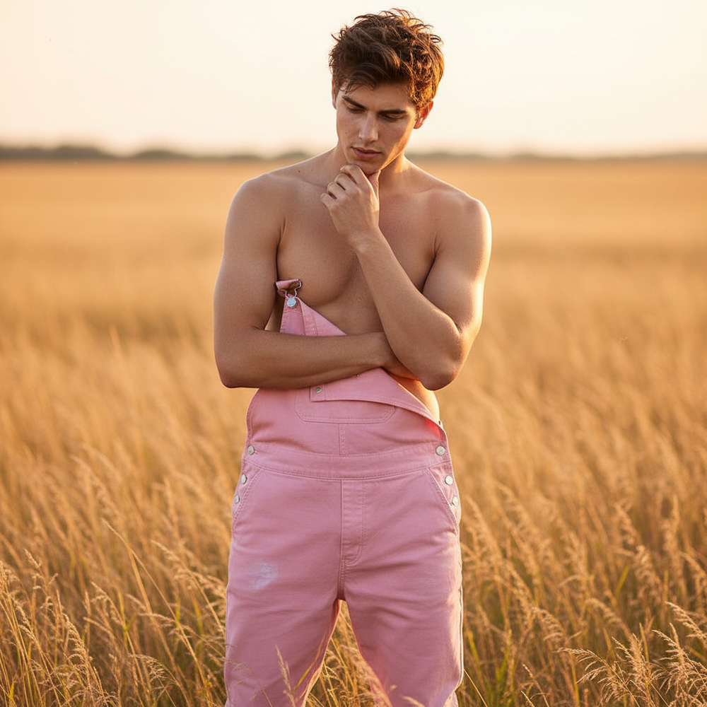 Shirtless person modeling pink bib overalls in a sunlit wheat field