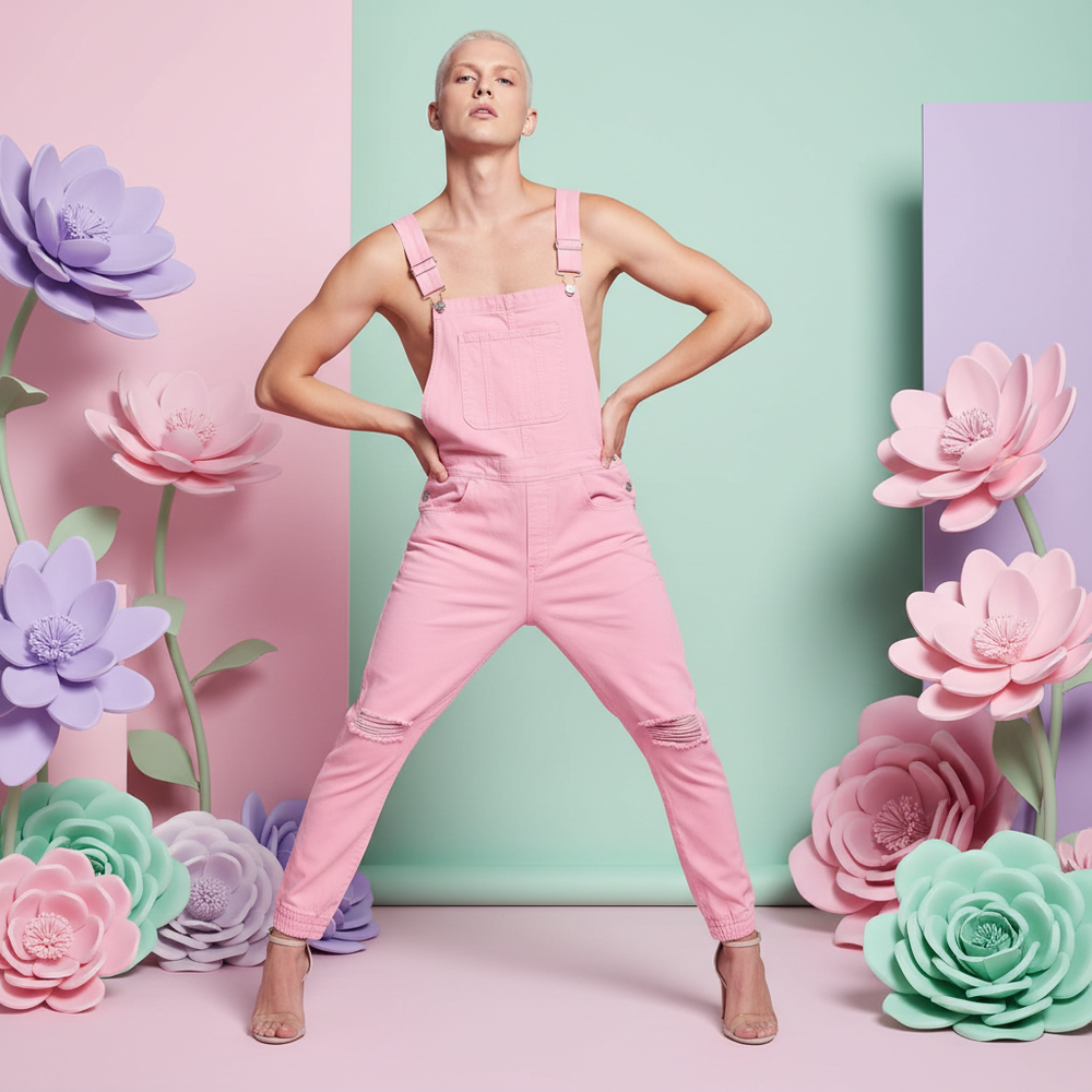 Pink Mens Overalls Jumpsuit pops on a confident queer babe with short blond hair