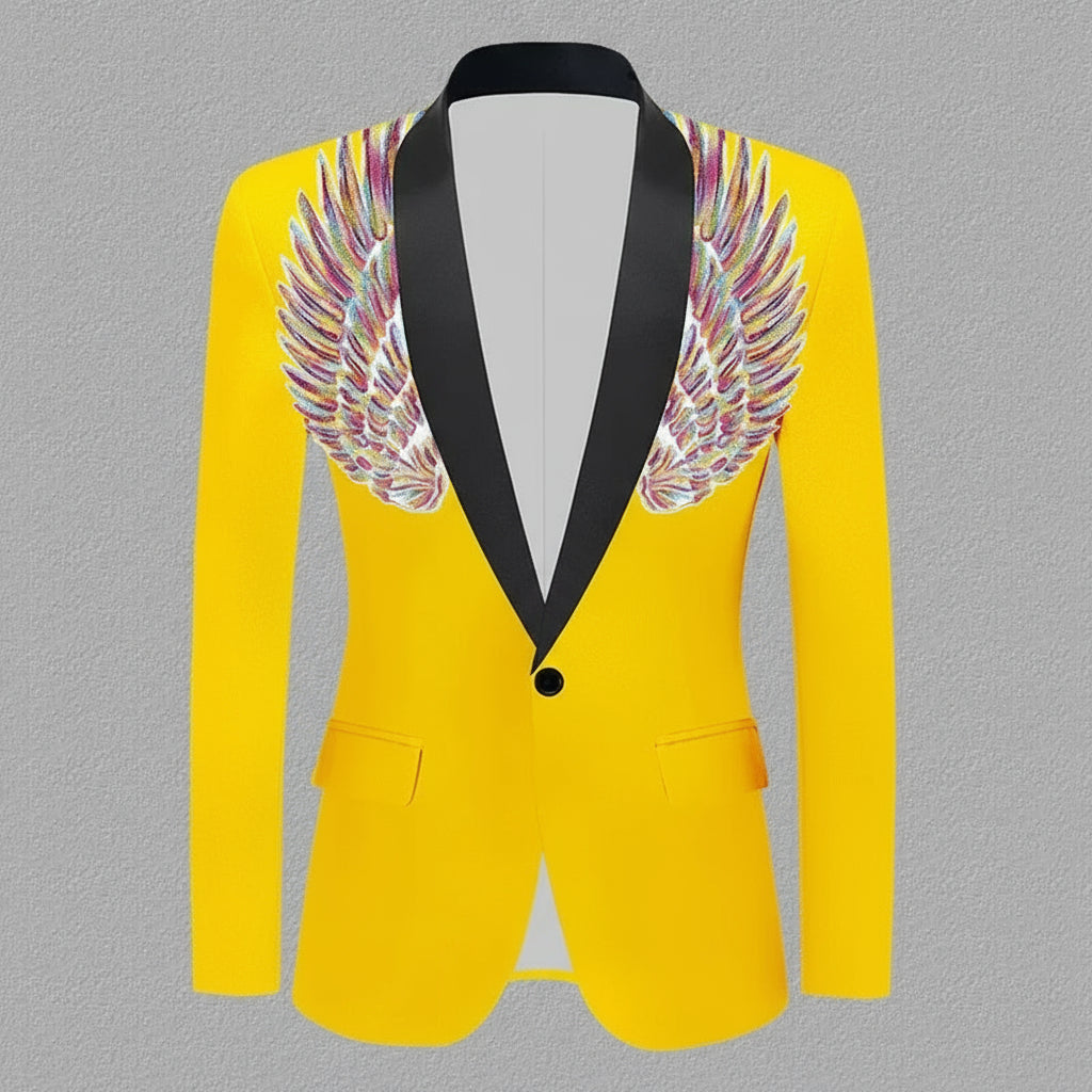 LGBT Pride Winged Blazer in bright canary yellow with black satin shawl collar, multicolored feathered wing embroidery, and single black button closure. Celebrate identity and self-expression with this bold statement piece.
