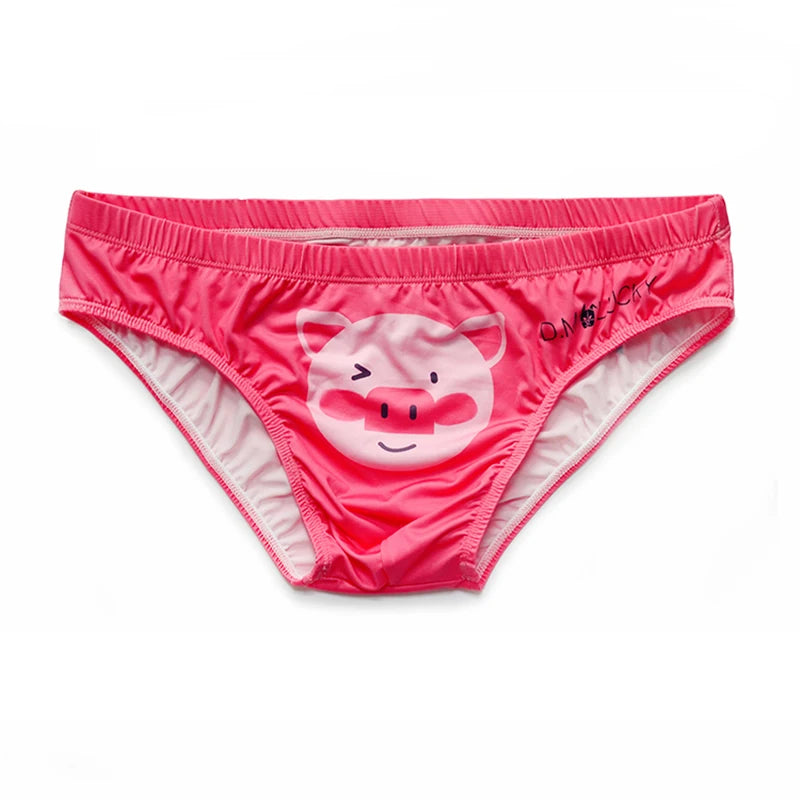 Front view of pink men's briefs with a cartoon pig face and black side lettering