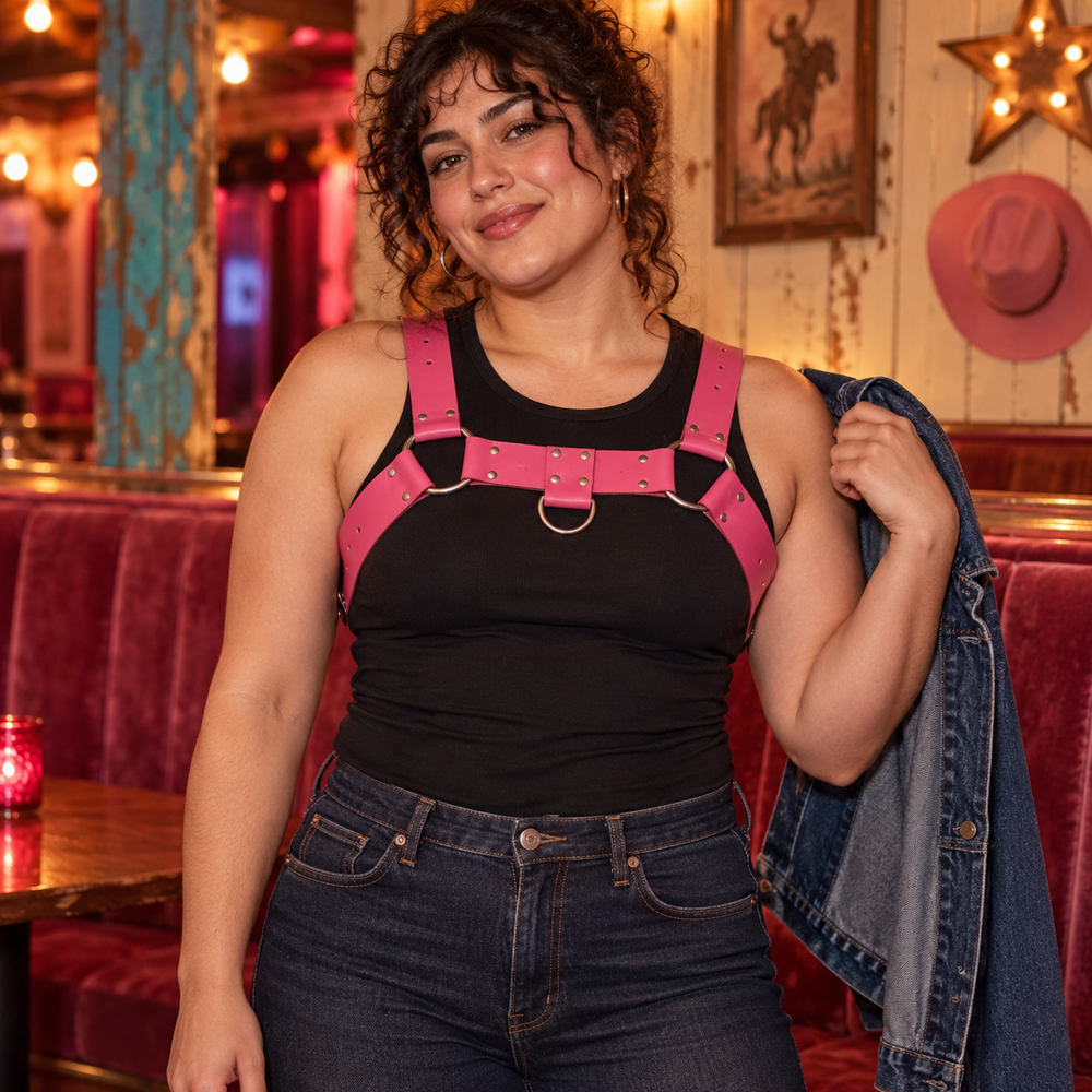 Basic Hot Pink Harness in Single design, styled at a faded rose-velvet booth in a queer country dance hall, with warm tungsten bulbs and scratched cream wall panelling.