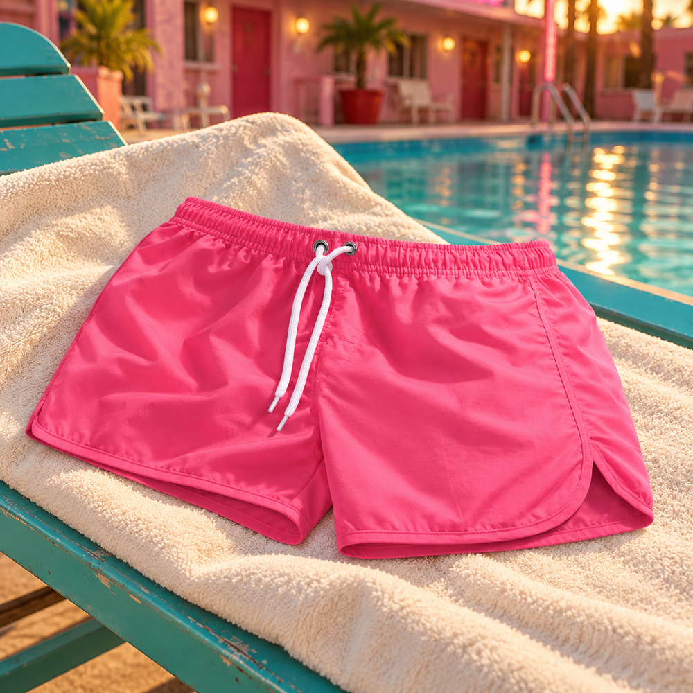 Jockmail Classic Pink Swim Shorts in Single design, photographed in a warm pink Western dance-hall setting.