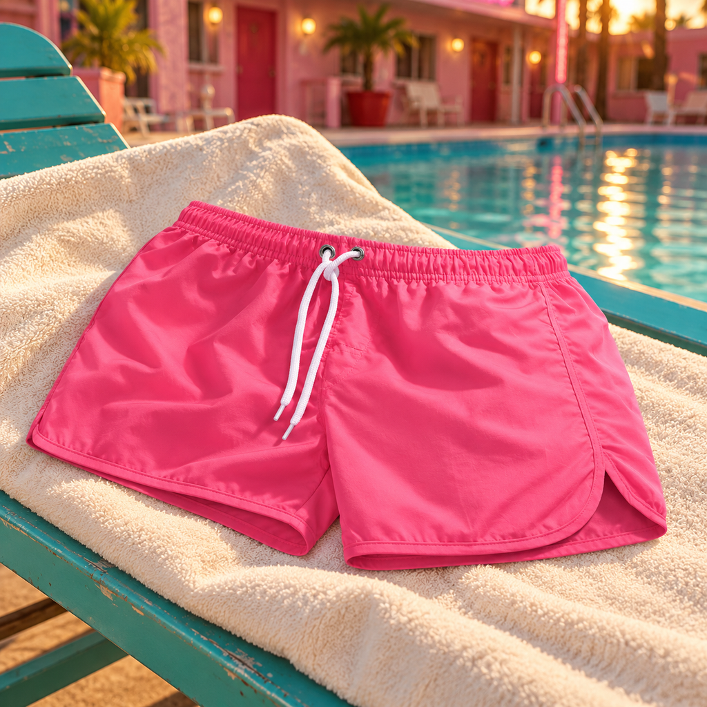 Jockmail Classic Pink Swim Shorts in Single design, photographed in a warm pink Western dance-hall setting.