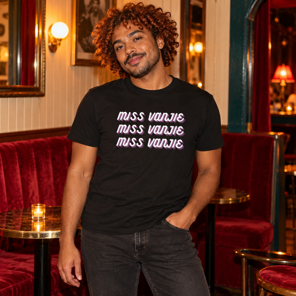 Miss Vanjie T-Shirt in Black, photographed in a warm PINK PONY country-disco setting.