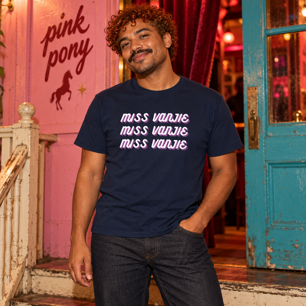 Miss Vanjie T-Shirt in Navy, photographed in a warm PINK PONY country-disco setting.