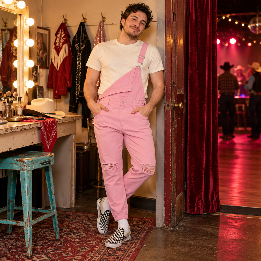 Pink Men's Overalls Jumpsuit in Single design, photographed in a warm PINK PONY backstage setting.