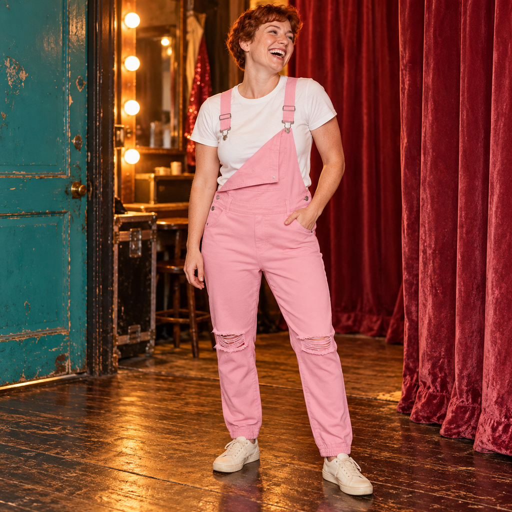 Pink Men's Overalls in Single design, photographed in a warm pink Western dance-hall setting.