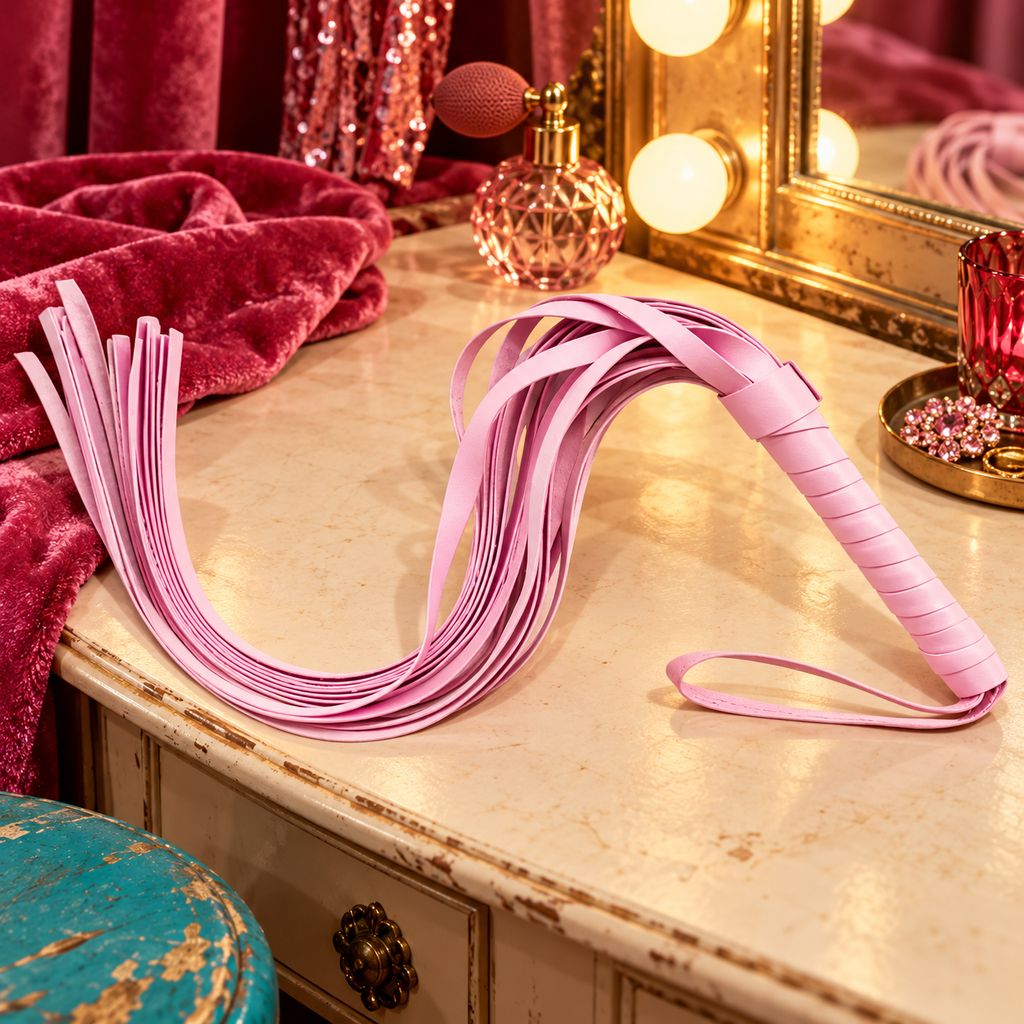 "Pretty In Pink" Beginner BDSM Ideas in Pink Whip, photographed in a warm PINK PONY backstage setting.
