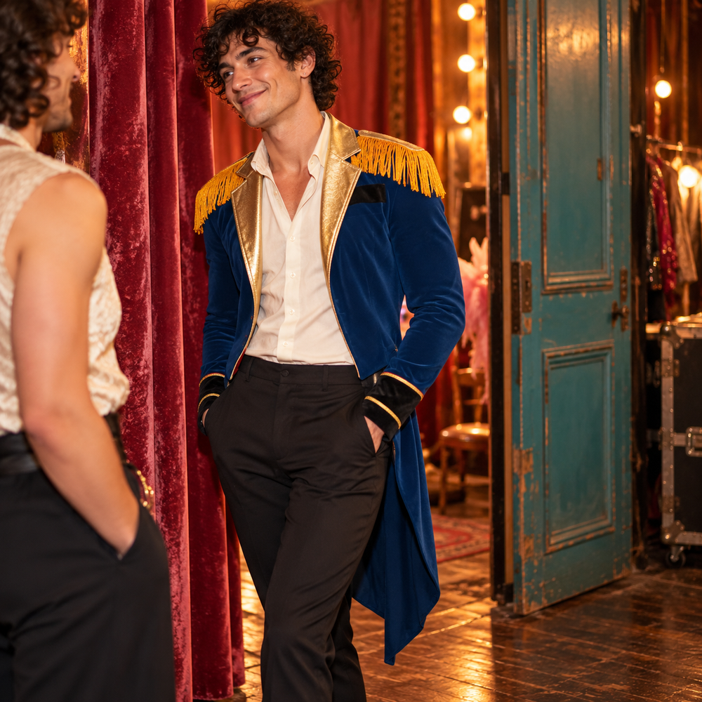 Ringmaster's Fringed Jacket Circus Domination Costume in Dark Blue, photographed in a warm pink Western dance-hall setting.