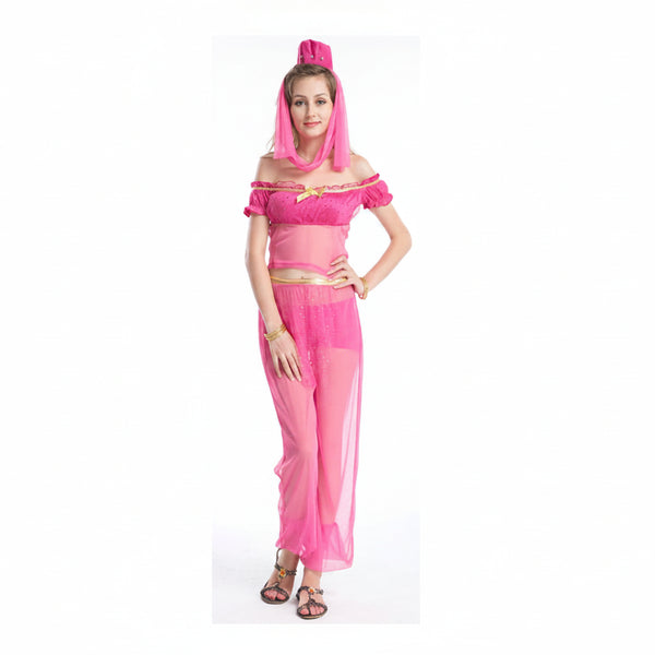 Front-facing model wearing a pink belly-dancer costume with veil and sheer pants
