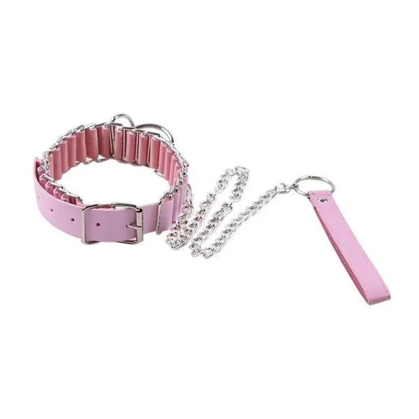 Pink leather-look pup play collar with buckle, silver chain, and attached leash