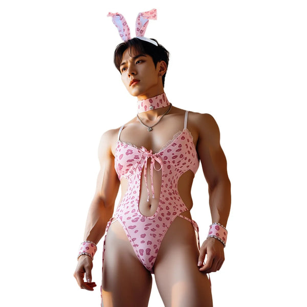 Front-facing model in a pink lip-print bunny costume with ears, choker, cuffs, and cutout bodysuit
