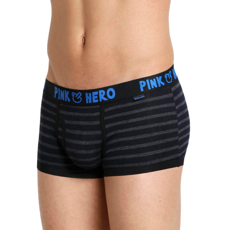 Black and charcoal striped boxer briefs with a blue PINK HERO waistband, worn by a model