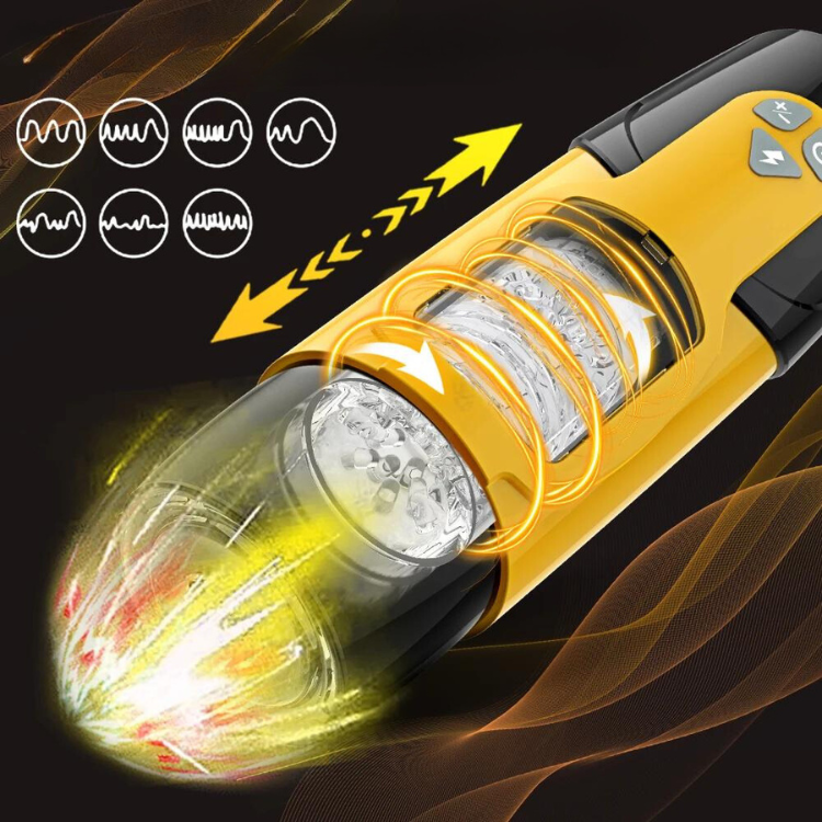 Angled yellow-and-black rotating masturbator with a clear textured sleeve and motion arrows
