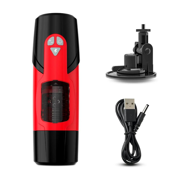 Red-and-black rotating masturbator with visible inner sleeve, mount, and USB charging cable